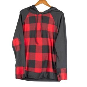 First Look Womens M Buffalo Plaid Tunic Hoodie Elbow Patch Red Black Cozy